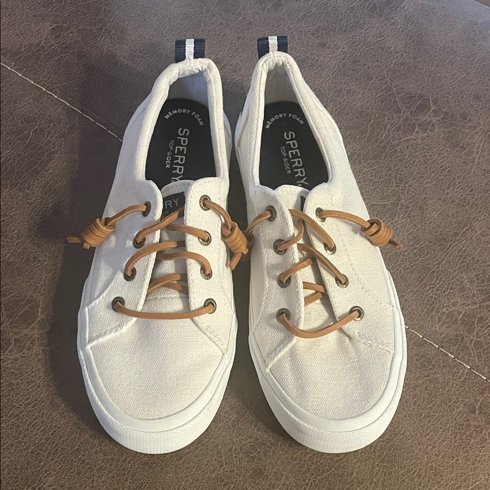 Sperry Topsiders Cream Canvas with Tan Leather Laces - Like New! Size 7 - Picture 3 of 12